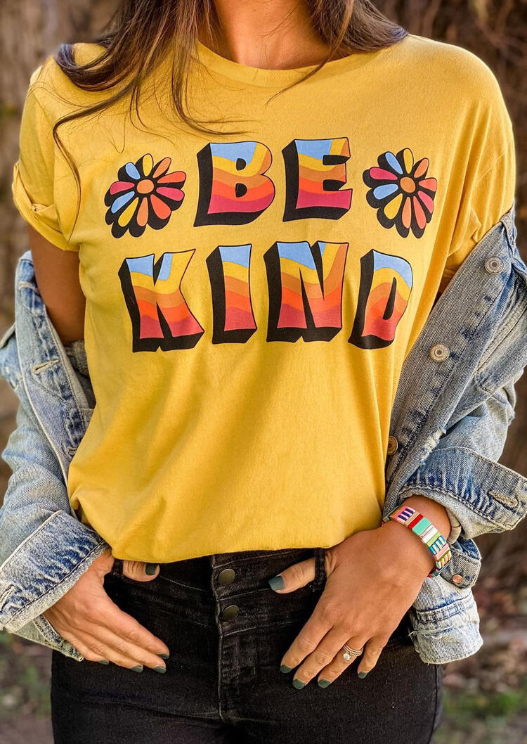 

Be Kind Distressed Daisy O-Neck T-Shirt Tee - Yellow, 491913