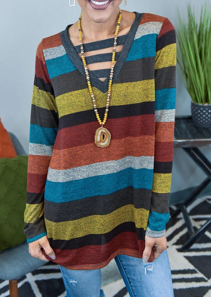 

Multicolor Striped Hollow Out V-Neck Blouse, 491927