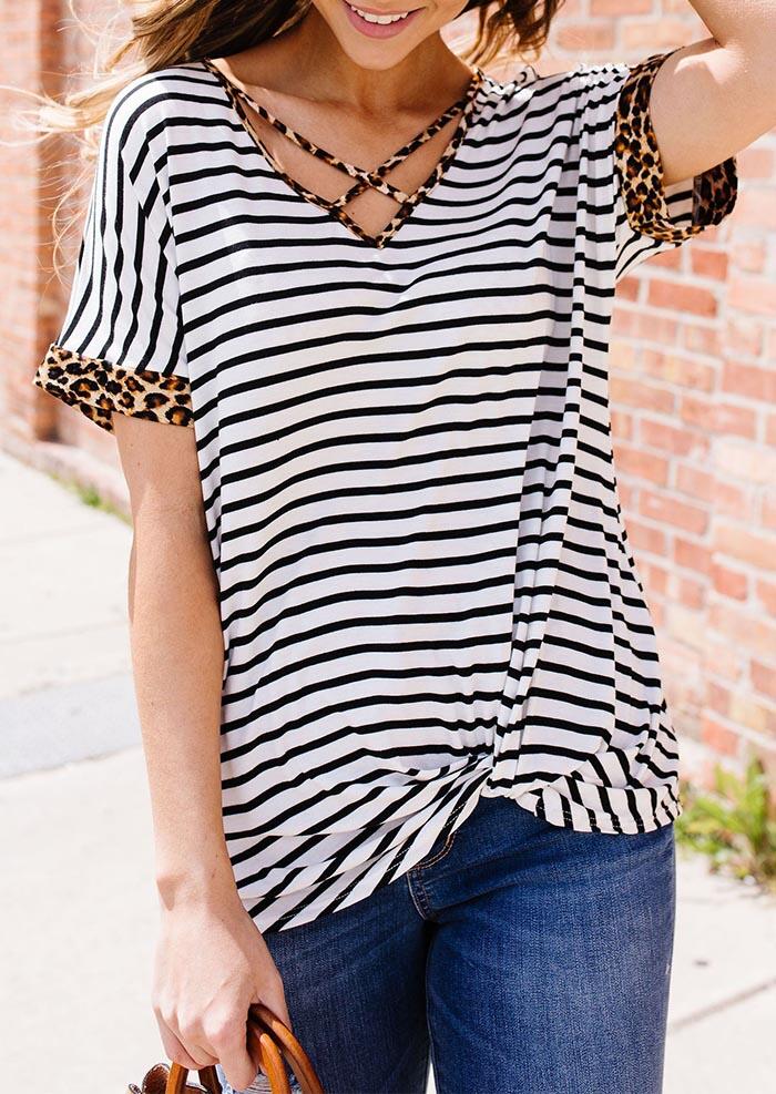 

Striped Leopard Splicing Criss-Cross Twist V-Neck Blouse, Stripe, 492052
