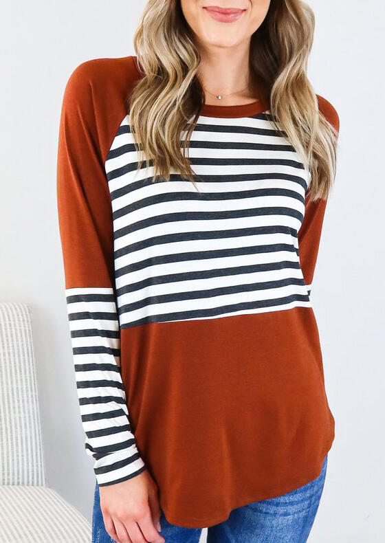 

Striped Splicing Asymmetric Long Sleeve T-Shirt Tee, Stripe, 492058