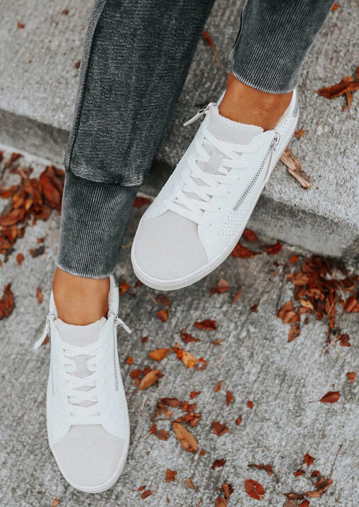 

Lace Up Zipper Round Toe Flat Sneakers - White, 492112