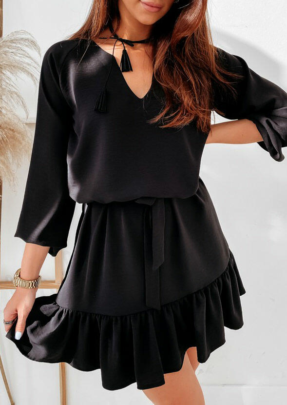 

Ruffled Long Sleeve V-Neck Mini Dress without Belt - Black, 492124