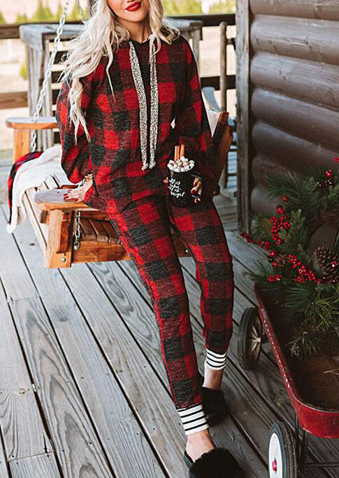 

Buffalo Plaid Striped Splicing Hoodie And Drawstring Pants Pajamas Set, Red, 492130