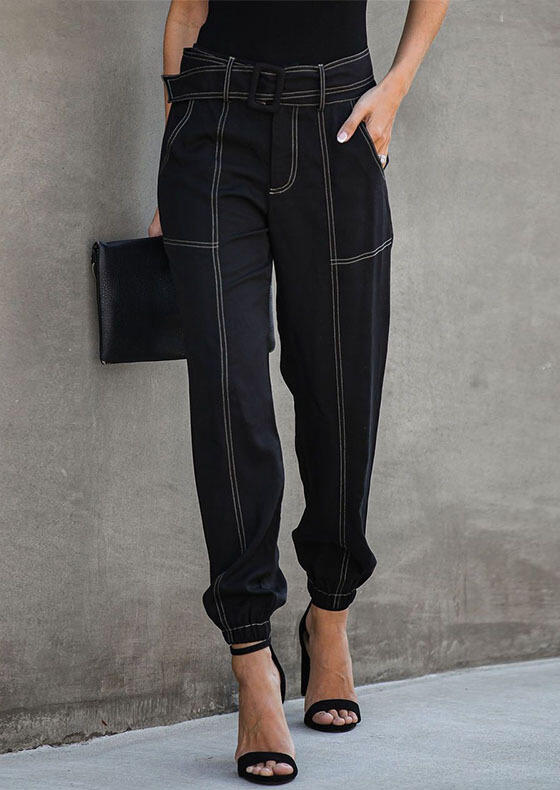 

Pocket Zipper Ankle-Length Loose Pants with Belt - Black, 492585