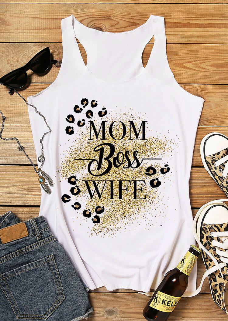 

Leopard Glitter Mom Boss Wife Racerback Tank - White, 492594