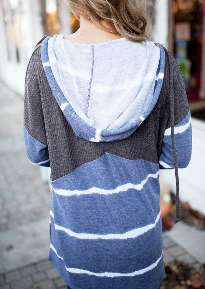 Buy Striped Waffle Splicing Button Drawstring Slit Hoodie - Blue. Picture