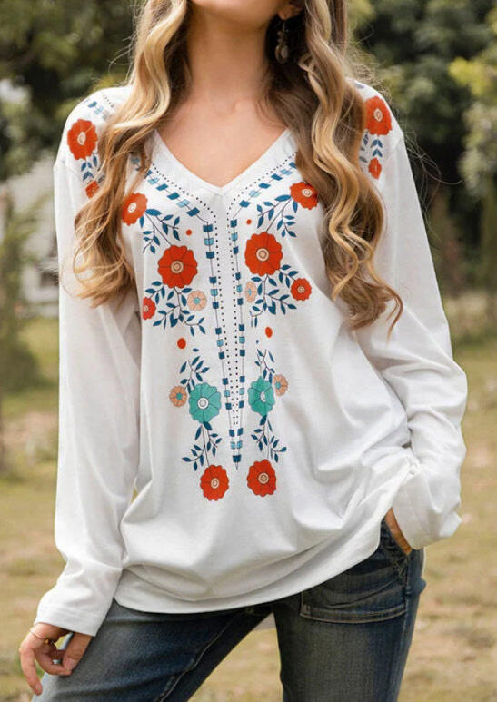 

Floral V-Neck Long Sleeve Casual Blouse - White, 490145
