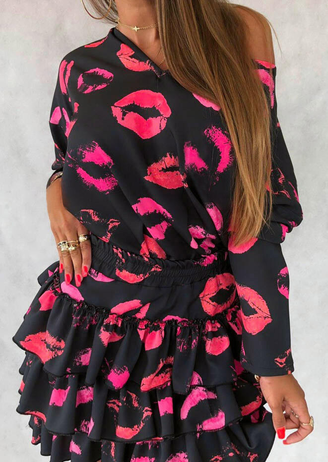 Lips Ruffled Layered Elastic Waist Long Sleeve Mini Dress