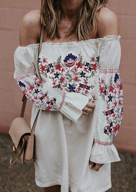 

Floral Ruffled Off Shoulder Mini Dress - White, 492615