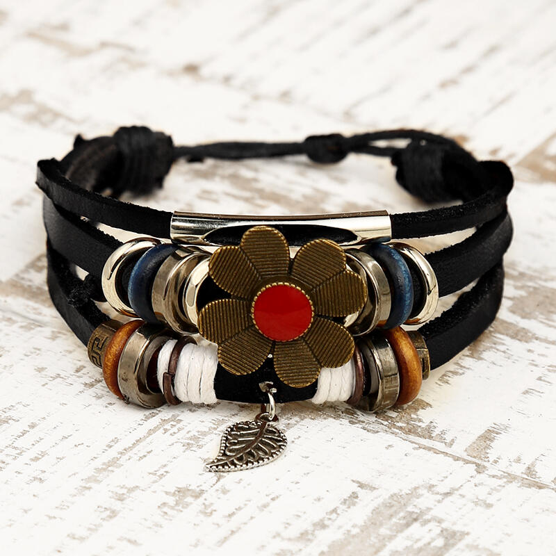 

Vintage Bohemian Flower Palm Leaf Multi-Layered Bracelet, Black, 492631