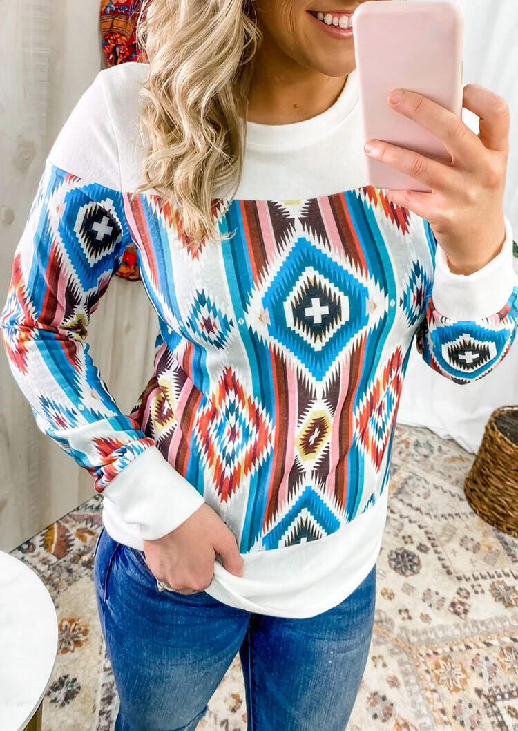 

Aztec Geometric Colorful Striped Cross Blouse - White, 492706