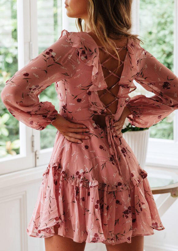 

Floral Ruffled Criss-Cross Tie Open Back Mini Dress - Pink, 492737