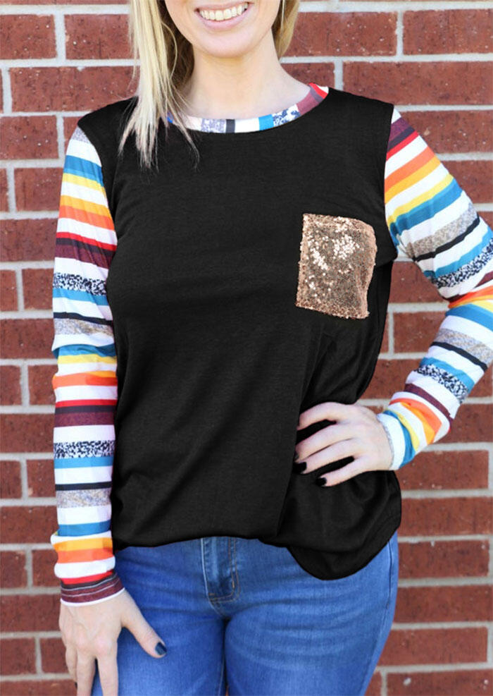 

Colorful Striped Splicing Sequined Pocket Blouse - Black, 491302