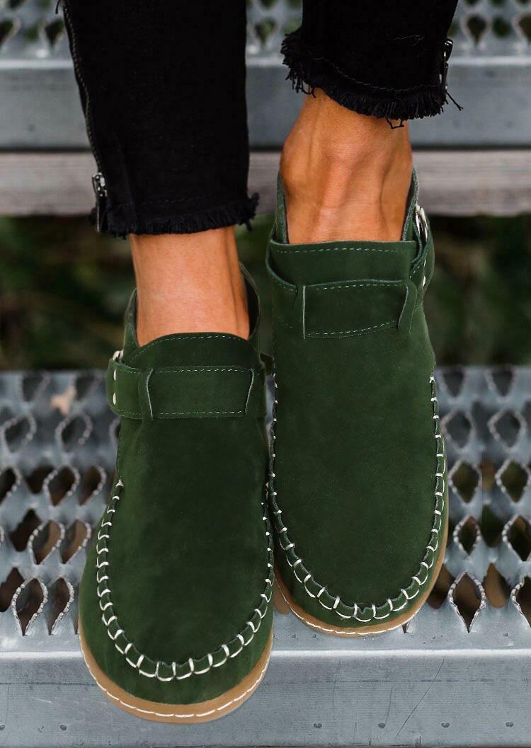 

Buckle Strap Round Toe Flat Ankle Boots - Green, 491663