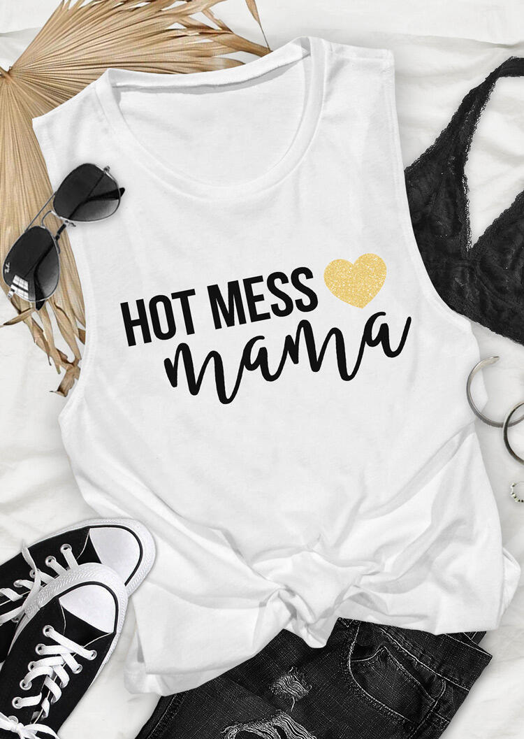 

Hot Mess Mama Love Heart O-Neck Tank - White, 492039