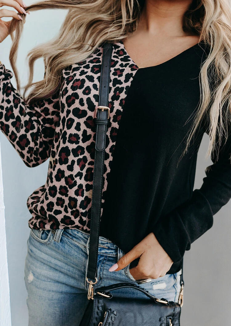 

Leopard Color Block Splicing Long Sleeve Blouse, 492699