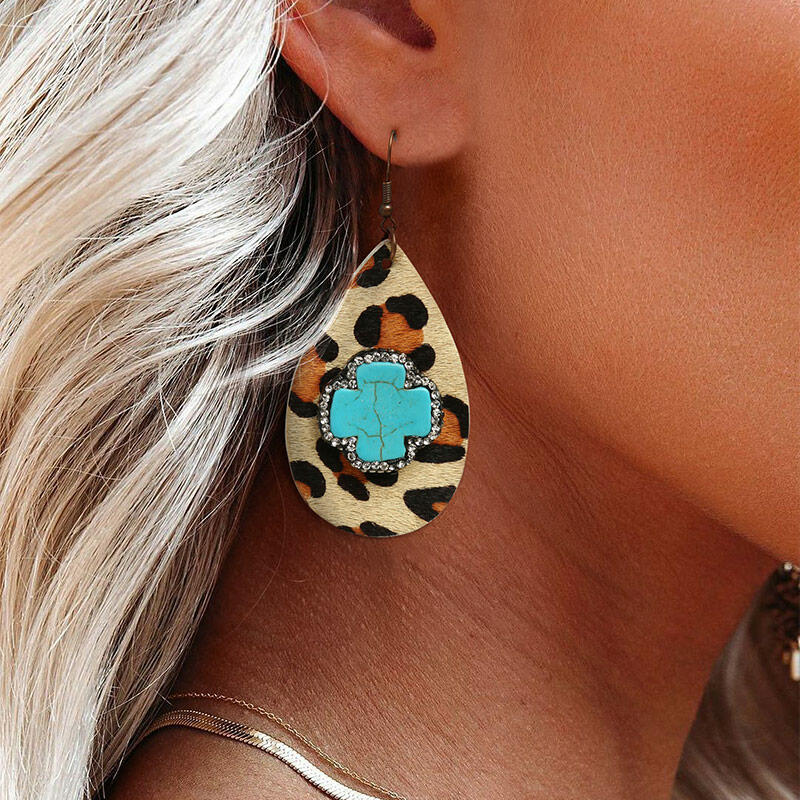 

Turquoise Rhinestone Cross Leopard Water Drop Earrings, 492735