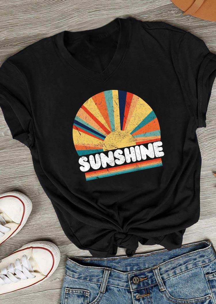 

Sunshine Rainbow Striped V-Neck T-Shirt Tee - Black, 492816