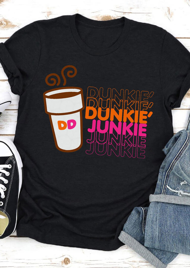 

Dunkie Junkie Coffee O-Neck T-Shirt Tee - Black, 492830