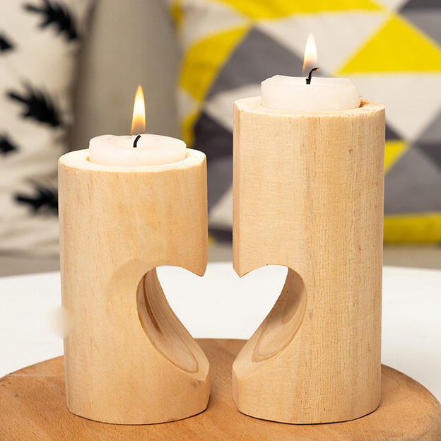 Valentine 2Pcs Heart Wooden Party Candle Holder, Light khaki, 492833
