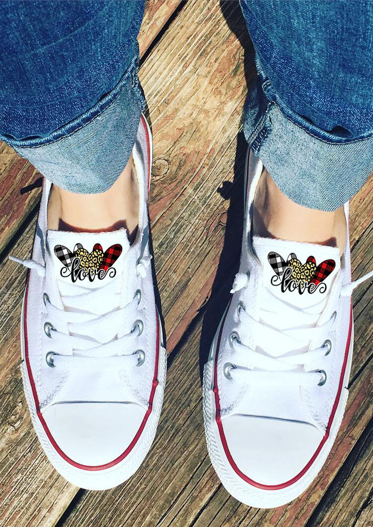 

Leopard Plaid Love Heart Lace Up Flat Canvas Sneakers - White, 492835