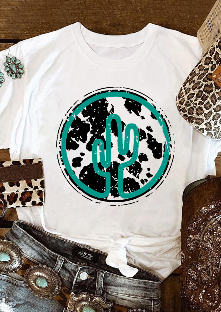 Kaufen Cowhide Cactus Western O-Neck T-Shirt Tee - White. Bild