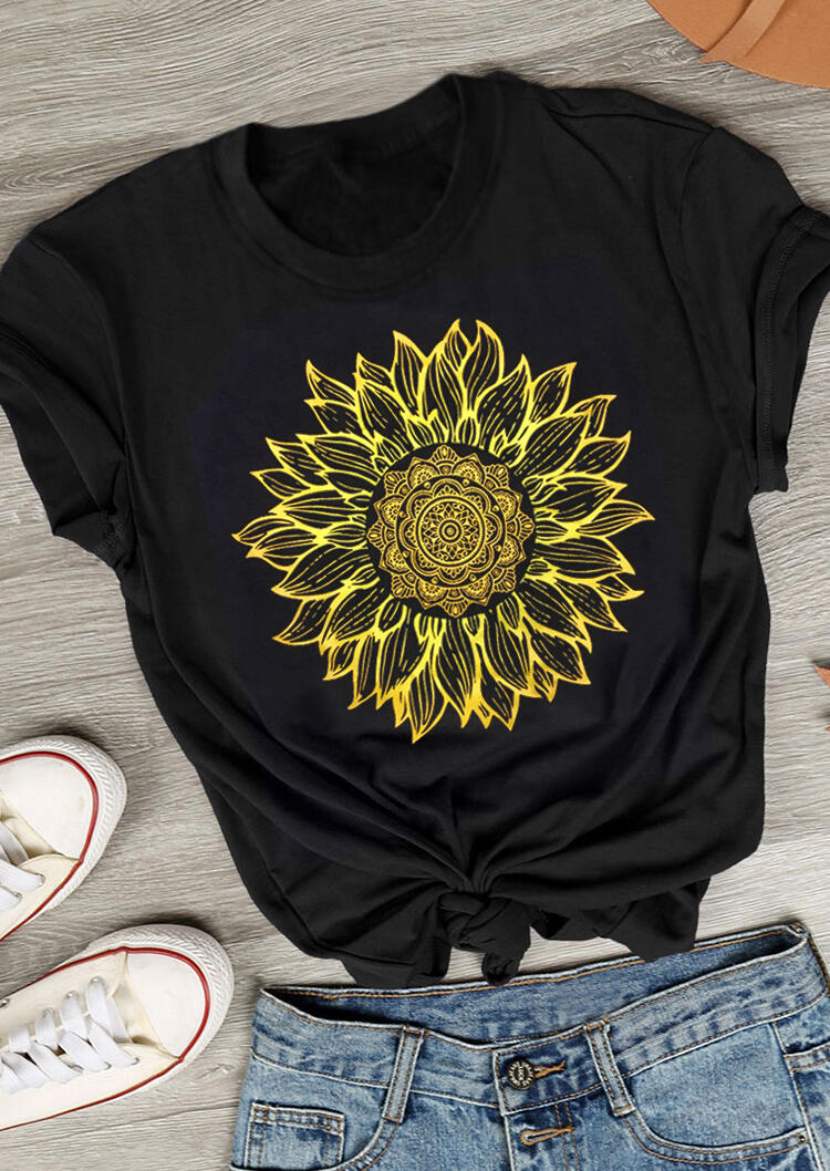 

Mandala Sunflower O-Neck T-Shirt Tee - Black, 492874
