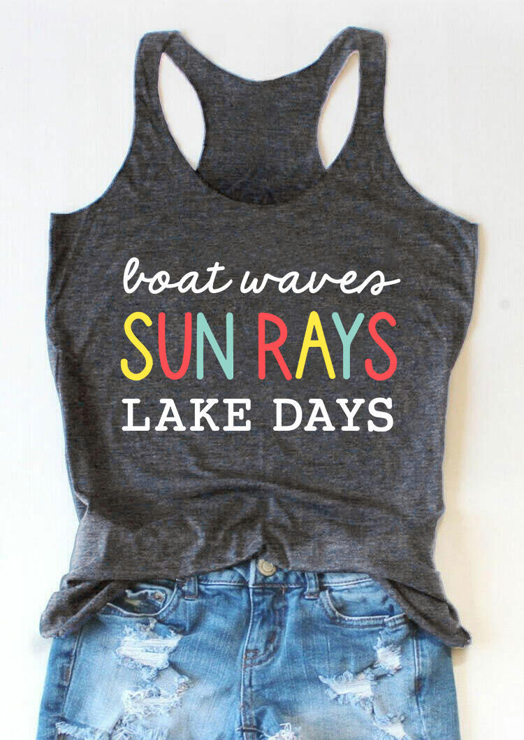 

Boat Waves Sun Rays Lake Days Racerback Tank - Dark Grey, Gray, 492891