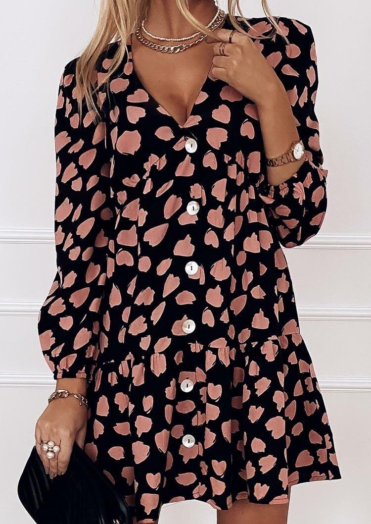 

Love Heart Leopard Ruffled Button V-Neck Mini Dress - Black, 490635