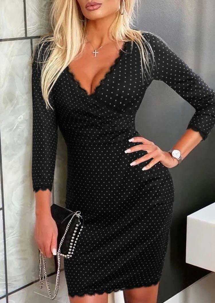 

Lace Polka Dot Splicing Wrap Deep V-Neck Bodycon Dress - Black, 492765