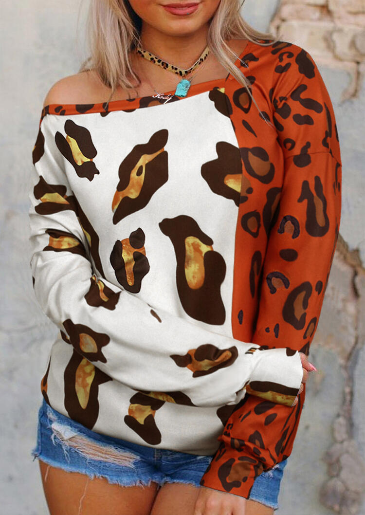 

Asymmetric Leopard Long Sleeve Casual Blouse, Multicolor, 492776