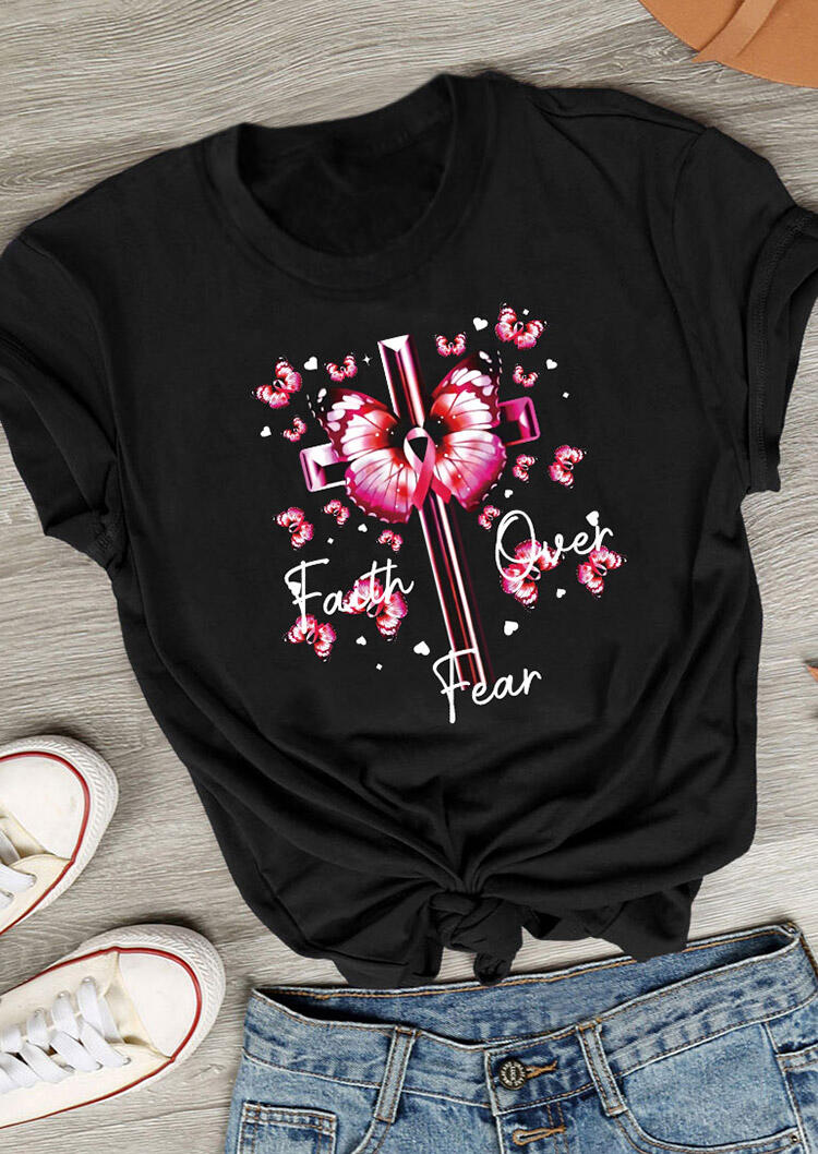 

Faith Over Fear Cross Butterfly Ribbon Anti-Cancer T-Shirt - Black, 492892