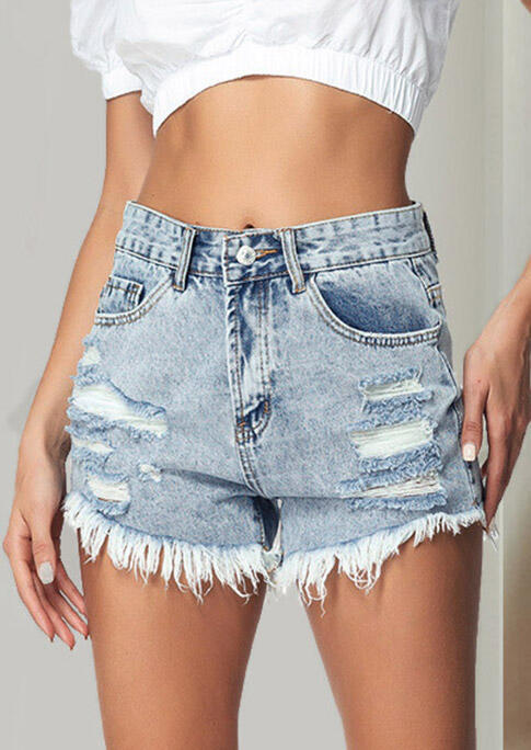 

Ripped Hole Distressed Frayed High Waist Shorts - Light Blue, 492900