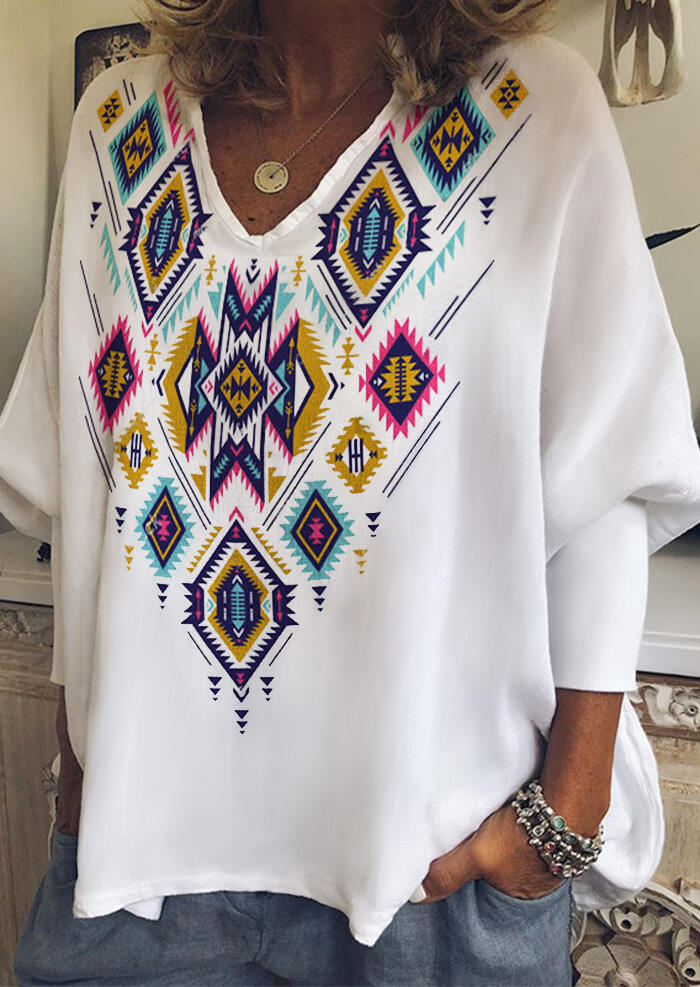 

Aztec Geometric Batwing Sleeve V-Neck Blouse - White, 492911