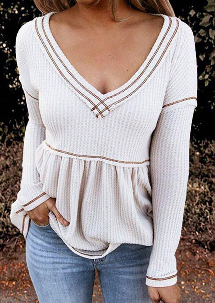 

Ruffled Waffle Long Sleeve V-Neck Blouse - Beige, 492916