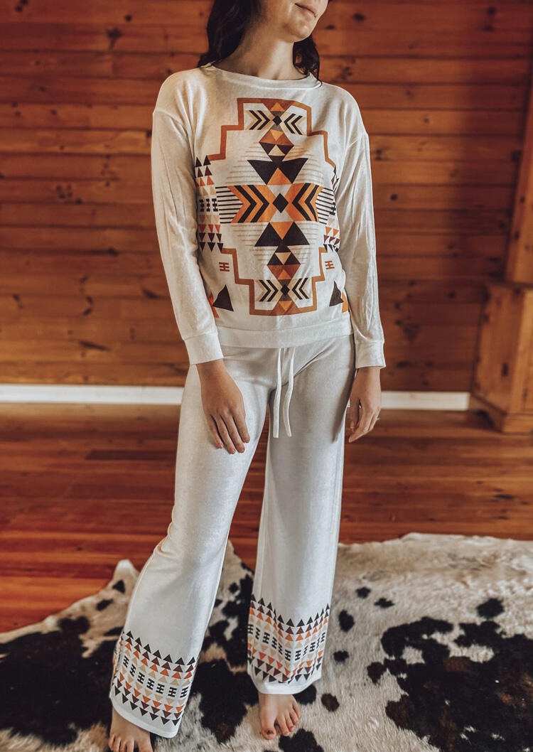 

Aztec Geometric Blouse And Drawstring Pants Two-Piece Set, White, 492962