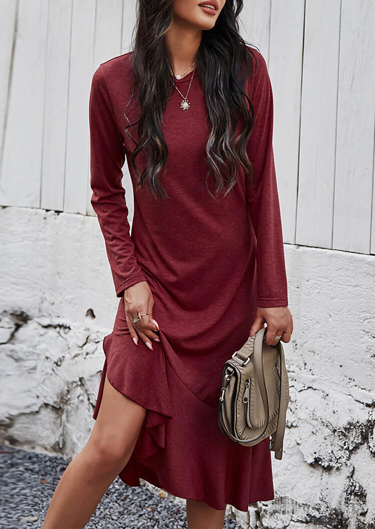 

Asymmetric Slit O-Neck Long Sleeve Casual Dress - Burgundy, 492976