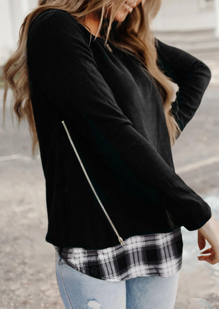 

Plaid Splicing Zipper Asymmetric Casual Blouse - Black, 492987