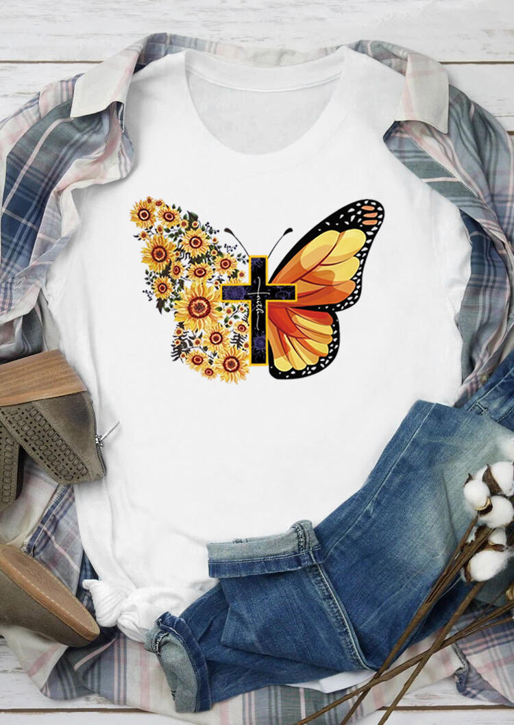 

Butterfly Sunflower Faith Cross O-Neck T-Shirt Tee - White, 488243