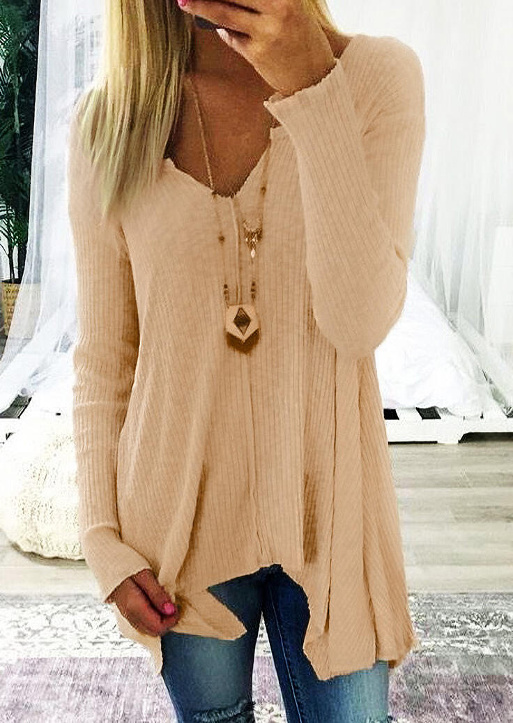 

Asymmetric Long Sleeve V-Neck Blouse - Khaki, 488974