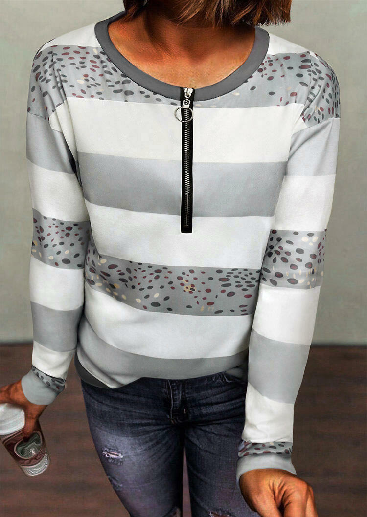 

Leopard Splicing Color Block Striped Zipper Blouse - Gray, 490505
