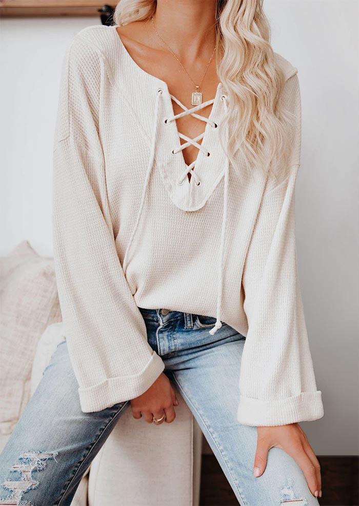 

Lace Up Batwing Sleeve V-Neck Blouse - White, 492045