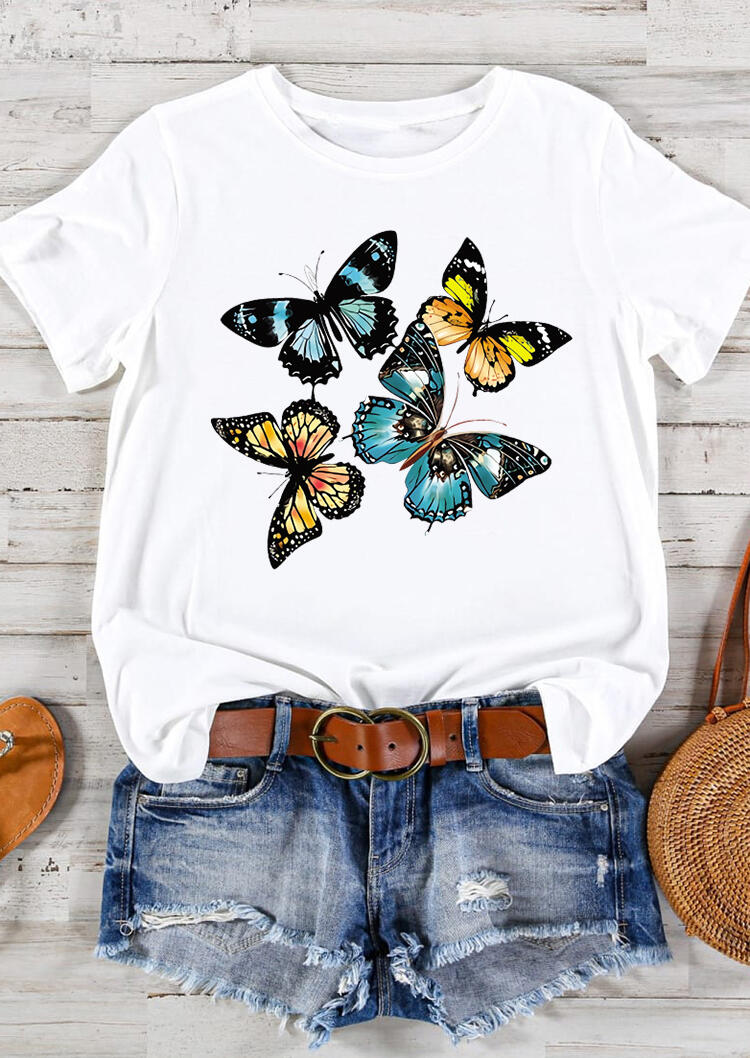 

Colorful Butterfly O-Neck T-Shirt Tee - White, 493065
