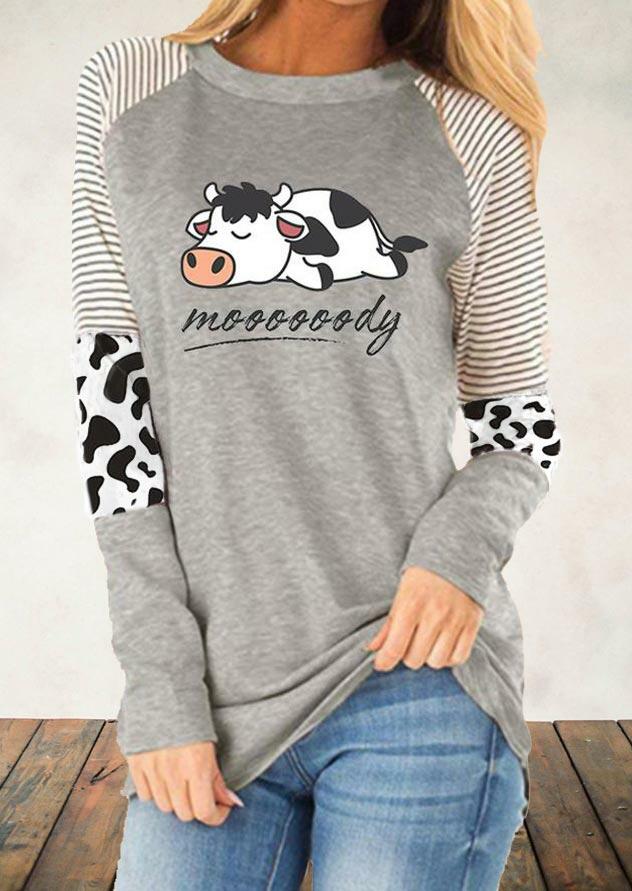 

Cow Striped Splicing Moooooody Raglan Sleeve Blouse - Light Grey, 493114