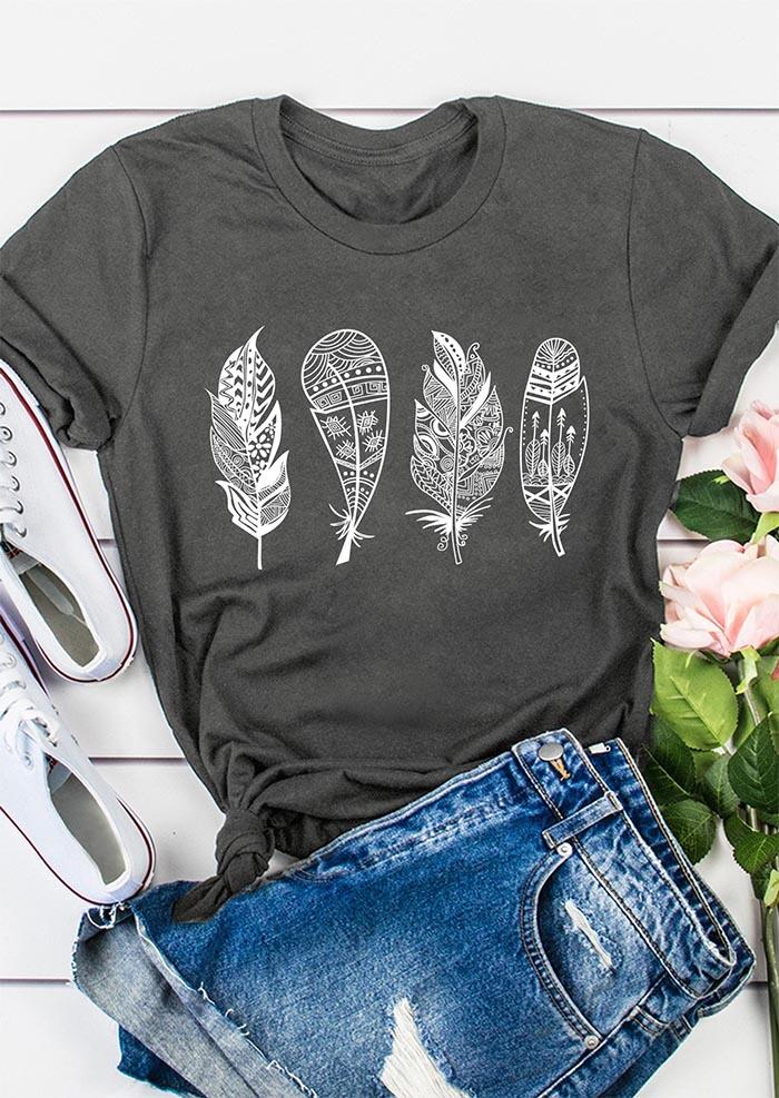 

Geometric Feather O-Neck T-Shirt Tee - Gray, 493138