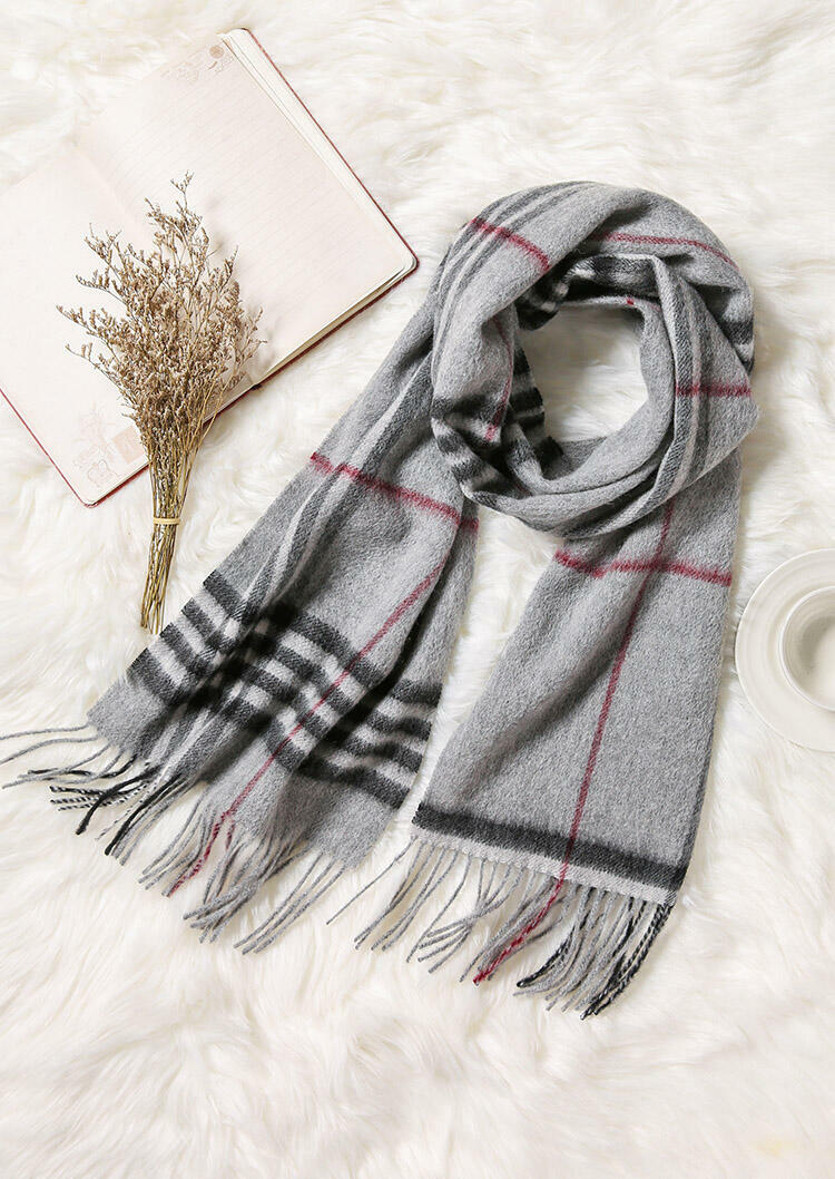 

Feelily Unisex Plaid Tartan Tassel Cashmere Scarf, Light grey, B101932