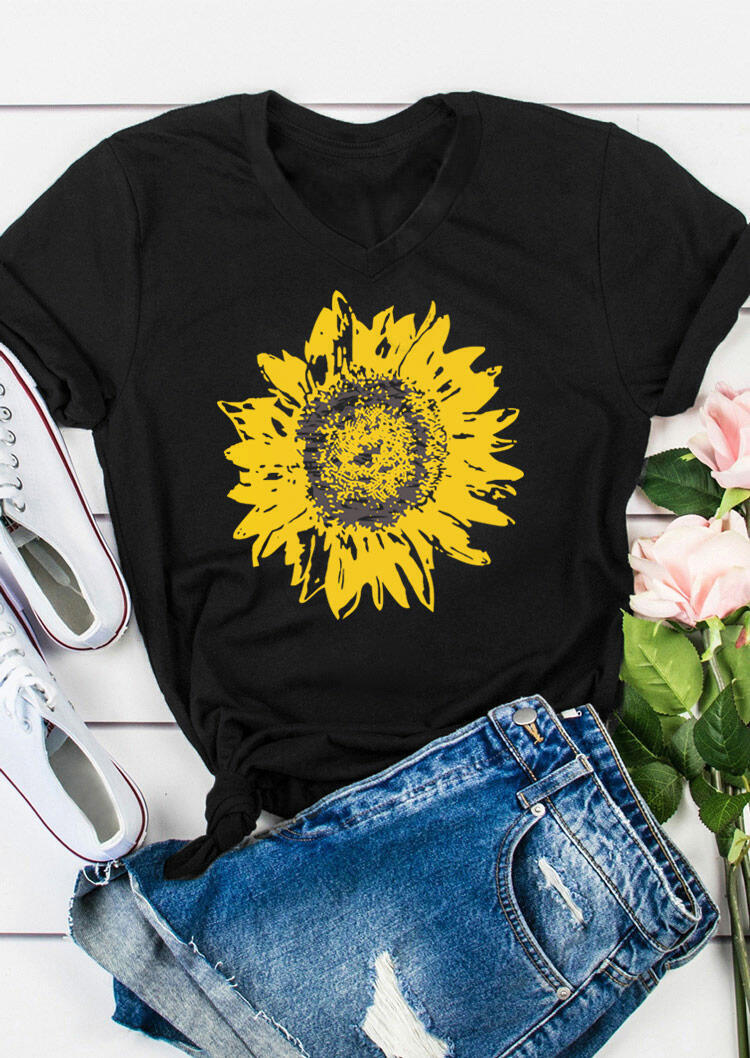 

Sunflower V-Neck Casual T-Shirt Tee - Black, 492106