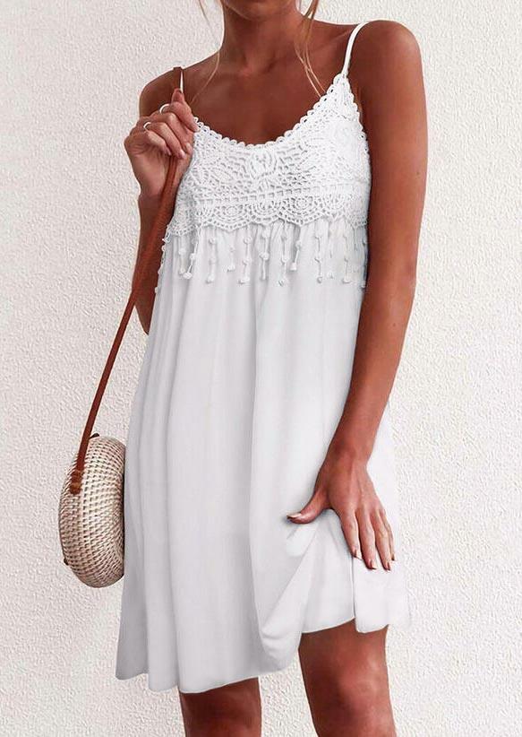 

Lace Splicing Ruffled Spaghetti Strap Mini Dress - White, 493049