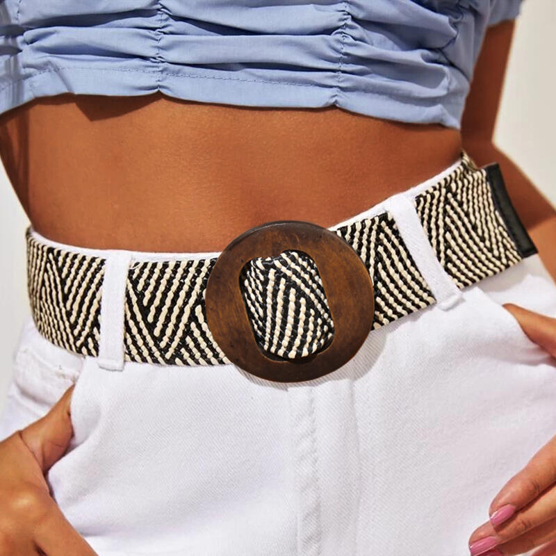 

Bohemian Braided Round Buckle Wide Waist Belt, Black, 493079