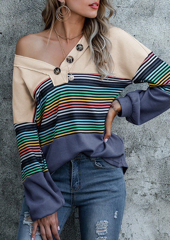 

Colorful Striped Button Long Sleeve V-Neck Blouse, Multicolor, 493085